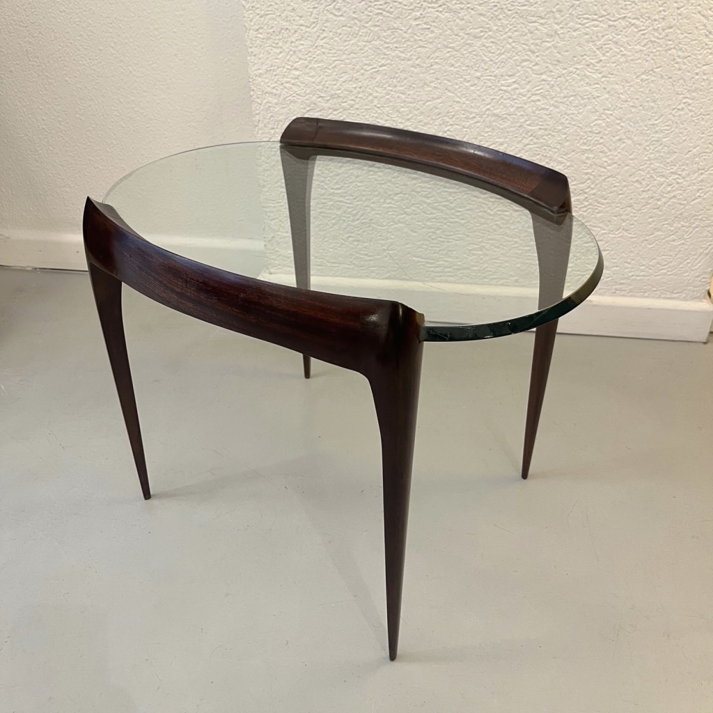 Carved Mahogany Legs & Glass Top Side Table by Max Ingrand Fontana Arte